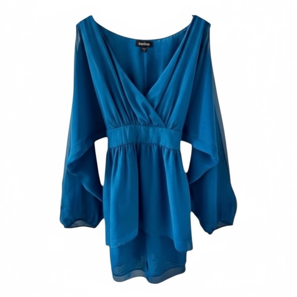 Bebe Teal Blue V-Neck Long Sleeve Tie Back Blouse Size Small